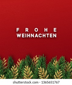 German text Frohe Weihnachten. Christmas vector background. Xmas sale, holiday web banner. Design christmas decorations green and golden pine branches