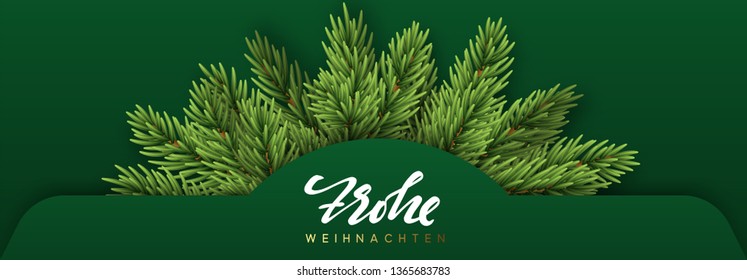 German text Frohe Weihnachten. Christmas banner design with green realistic pine branches