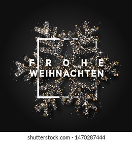 German text Frohe Weihnachten. Christmas background with shining snowflakes.