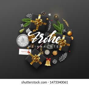 German text Frohe Weihnachten. Christmas greeting card with holiday objects. Background with gift box and balls design. Postcard with clocks, candles and fir branches. Xmas decoration elements.