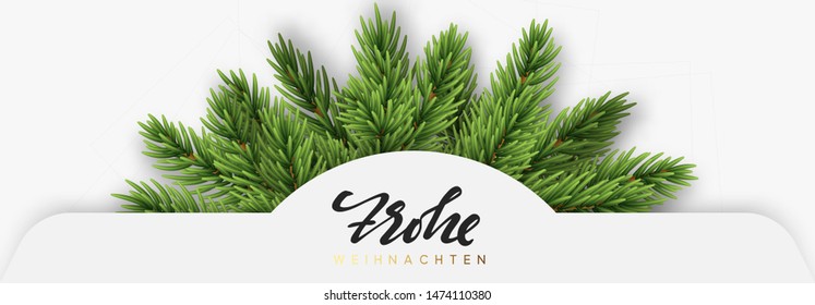 German text Frohe Weihnachten. Christmas banner design with green realistic pine branches