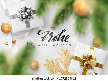 German text Frohe Weihnachten. Christmas and New Year background. Decoration realistic gift box, green pine branches, gold ball, decorative snowflake in glitter and tinsel. Xmas bauble. Holiday design