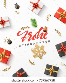 German text Frohe Weihnachten. Christmas composition, gift, confetti, golden snowflake and balls, xmas tree branch.