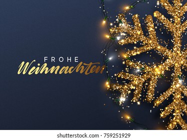 German text Frohe Weihnachten. Christmas background with Shining gold Snowflakes. 