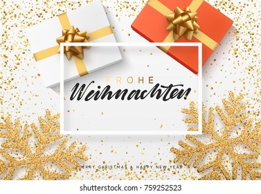 German text Frohe Weihnachten. Christmas background with gifts box and shining snowflakes. 