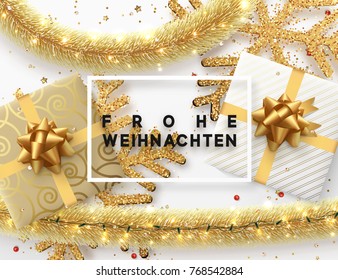 German text Frohe Weihnachten. Christmas background. Design illustration golden bright decorations, shining sparkles of snowflakes, gift box, gold tinsel and light garland. Xmas card vector