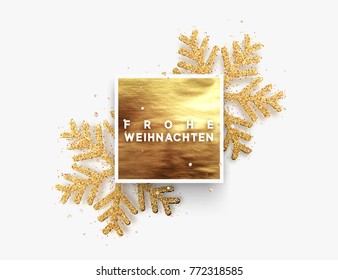 German text Frohe Weihnachten. Christmas background, golden square frame with shining gold snowflakes sprinkled sparkles. 