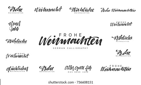 Deutscher Text Frohe Weihnachten, Frohliche Weihnachten. Frohe Weihnachten und glückliches neues Jahr, schwarze Textkalligraphie