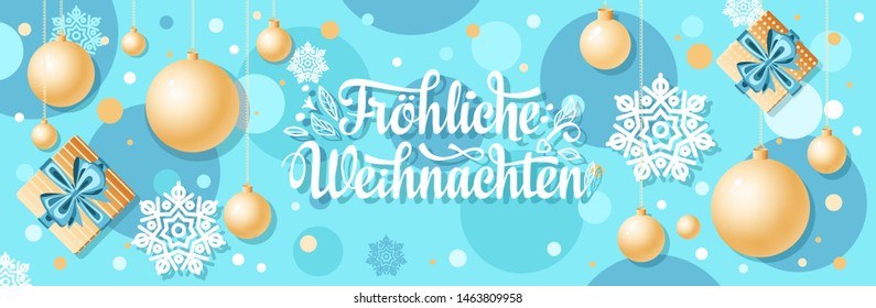 German text Frohe Weihnachten. Horizontal header Christmas Top view Flat lay banner poster. Christmas typography. Happy Christmas in Deutschland. Xmas greeting card Weihnachtskarte. German Xmas card