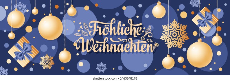 German text Frohe Weihnachten. Horizontal header Christmas Top view Flat lay banner poster.Christmas typography. Happy Christmas in Deutschland greeting card Weihnachtskarte. Neujahrstag Deutschland