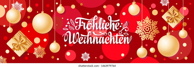 German text Frohe Weihnachten. Horizontal header Christmas Top view Flat lay banner poster. Christmas typography Happy Christmas in Deutschland Xmas greeting card Weihnachtskarte. German Xmas card 3d