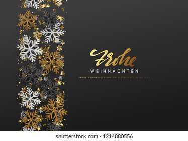 German text Frohe Weihnachten. Merry Christmas and Happy New Year. Xmas background with Shining gold Snowflakes. Greeting card, holiday banner, web poster