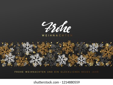 German text Frohe Weihnachten. Merry Christmas and Happy New Year. Xmas background with Shining gold Snowflakes. Greeting card, holiday banner, web poster