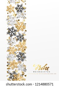 German text Frohe Weihnachten. Merry Christmas and Happy New Year. Xmas background with Shining gold Snowflakes. Greeting card, holiday banner, web poster