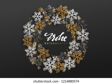 German text Frohe Weihnachten. Merry Christmas and Happy New Year. Xmas background with Shining gold Snowflakes. Greeting card, holiday banner, web poster