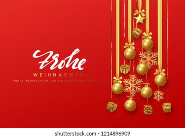 German text Frohe Weihnachten. Merry Christmas and Happy New Year. Golden christmas balls hanging design on the ribbon, gold gift and bright snowflakes in the shape of pine tree.