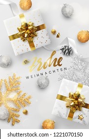 German text Frohe Weihnachten. Merry Christmas and Happy New Year. Design composition top view, decoration gift box, gold balls, decorative snowflake in glitter. Xmas bauble, white silk ribbon