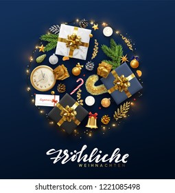 German text Frohe Weihnachten. Merry Christmas and happy new year. Background with gift box and balls design. Postcard with clocks, candles and fir branches. Xmas decoration elements.