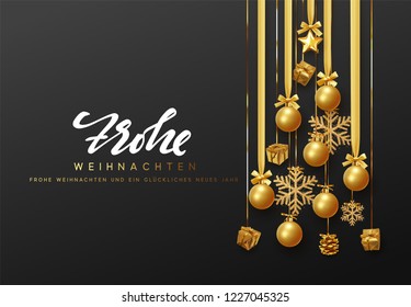 German text Frohe Weihnachten. Merry Christmas and Happy New Year. Golden christmas balls hanging design on the ribbon, gold gift and bright snowflakes in the shape of pine tree.