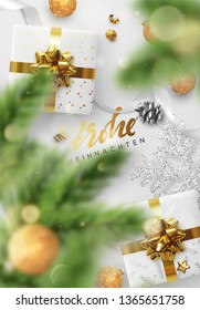 German text Frohe Weihnachten. Merry Christmas and Happy New Year. Decoration gift box, pine branches, gold balls, decorative snowflake in glitter. Xmas bauble, silk ribbon and candy