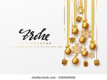 German text Frohe Weihnachten. Merry Christmas and Happy New Year. Golden christmas balls hanging design on the ribbon, gold gift and bright snowflakes in the shape of pine tree.