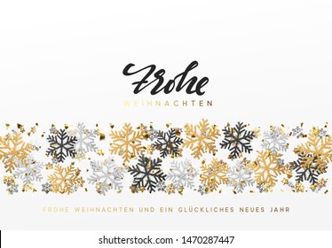 German text Frohe Weihnachten. Merry Christmas and Happy New Year. Xmas background with Shining gold Snowflakes. Greeting card, holiday banner, web poster