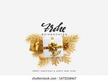 German text Frohe Weihnachten. Merry Christmas and Happy New Year. Xmas Festive background with realistic design elements. Holiday Objects, gift box, decorative pine branches. Top view flat lay.