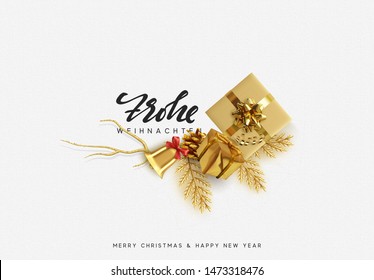 German text Frohe Weihnachten. Merry Christmas and Happy New Year. Xmas Festive background with realistic design elements. Holiday Objects, gift box, decorative pine branches. Top view flat lay.