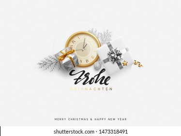 German text Frohe Weihnachten. Merry Christmas and Happy New Year. Xmas Festive background with realistic design elements. Holiday Objects, gift box, decorative pine branches. Top view flat lay.