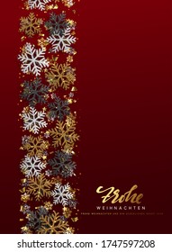 Texto alemán Frohe Weihnachten. Feliz Navidad y Feliz Año Nuevo. Fondo de Navidad con Copos de nieve de oro brillante. Tarjeta de saludo, banner de vacaciones, afiche web