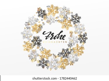 Texto alemán Frohe Weihnachten. Feliz Navidad y Feliz Año Nuevo. Fondo de Navidad con Copos de nieve de oro brillante. Tarjeta de saludo, banner de vacaciones, afiche web