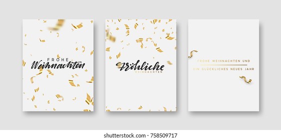 German text Frohe Weihnachten. Merry Christmas and Happy New Year greeting card. Background flying golden confetti and serpentine