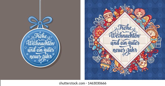 German text Frohe Weihnachten and Neues Jahr. Christmas typography. Christmas in Belgium, Austria, Liechtenstein, Switzerland. Happy Christmas in Deutschland greeting card Weihnachtskarte. Neujahr 