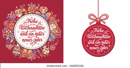 German text Frohe Weihnachten and Neues Jahr. Christmas typography. Christmas in Belgium, Austria, Liechtenstein, Switzerland. Happy Christmas in Deutschland greeting card Weihnachtskarte. Neujahr 