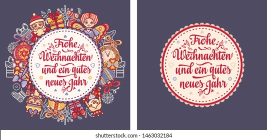 German text Frohe Weihnachten and Neues Jahr. Christmas typography. Christmas in Belgium, Austria, Liechtenstein, Switzerland. Happy Christmas in Deutschland greeting card Weihnachtskarte. Neujahr 