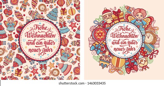 German text Frohe Weihnachten and Neues Jahr. Christmas typography. Christmas in Belgium, Austria, Liechtenstein, Switzerland. Happy Christmas in Deutschland greeting card Weihnachtskarte. Neujahr 