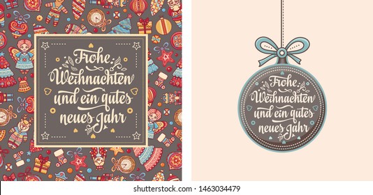 German text Frohe Weihnachten and Neues Jahr. Christmas typography. Christmas in Belgium, Austria, Liechtenstein, Switzerland. Happy Christmas in Deutschland greeting card Weihnachtskarte. Neujahr 