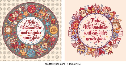 German text Frohe Weihnachten and Neues Jahr. Christmas typography. Christmas in Belgium, Austria, Liechtenstein, Switzerland. Happy Christmas in Deutschland greeting card Weihnachtskarte. Neujahr 