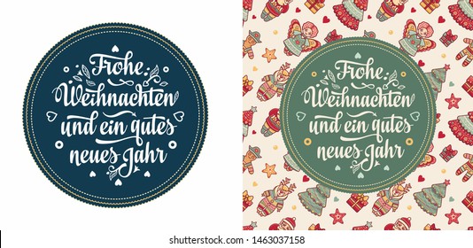 German text Frohe Weihnachten and Neues Jahr. Christmas typography. Christmas in Belgium, Austria, Liechtenstein, Switzerland. Happy Christmas in Deutschland greeting card Weihnachtskarte. Neujahr 