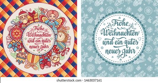 German text Frohe Weihnachten and Neues Jahr. Christmas typography. Christmas in Belgium, Austria, Liechtenstein, Switzerland. Happy Christmas in Deutschland greeting card Weihnachtskarte. Neujahr 