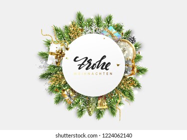 German text Frohe Weihnachten. (Translation Merry Christmas and happy new year.) Christmas banner. Bundle of pine branches, Xmas decoration object, gift box, antique clocks, golden bell.