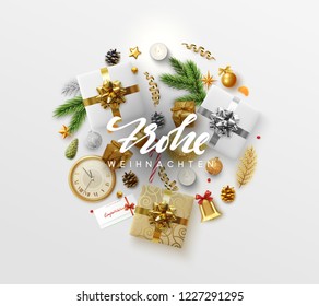 German text Frohe Weihnachten. (Translation Merry Christmas and Happy New Year.) Composition christmas decoration. Background Xmas holiday elements
