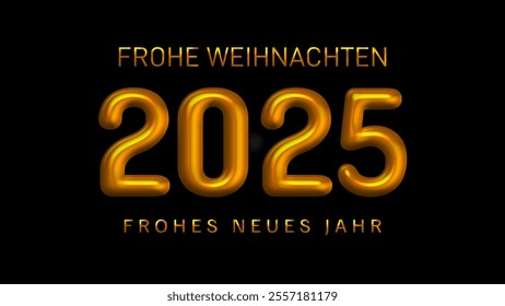 German text Frohe Weihnachten und ein glückliches neues Jahr, translate Merry Christmas and Happy New Year in Golden text. 