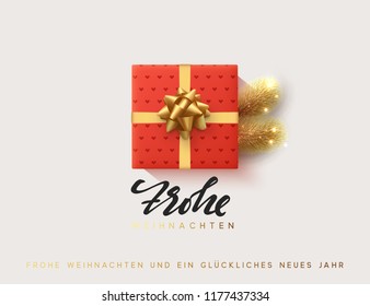 German text Frohe Weihnachten, Vector illustration letttering Merry Christmas, gift box closed wrapped ribbon with bow. Xmas greeting card, banner, poster.