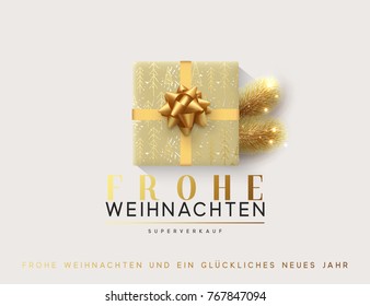 German text Frohe Weihnachten. Vector illustration letttering Merry Christmas, gift box closed wrapped ribbon with bow. Xmas greeting card, banner, poster.