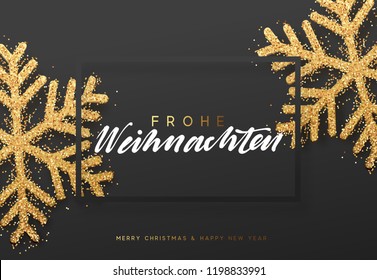 Deutscher Text Frohe Weihnachten. Weihnachtshintergrund mit leuchtenden goldenen Schneeflocken. Fröhliche Weihnachtsgrußkarte, Vektorgrafik.