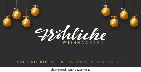 German text Frohliche Weihnachten, Background design of Xmas gold balls and golden bauble hanging on ribbon. Festive decorative template. Merry Christmas and Happy New Year. vector illustration