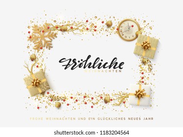 German text Frohliche Weihnachten. Christmas bright background with golden Xmas decorations. Merry christmas and Happy New Year greeting card. Elegant Holiday Frame