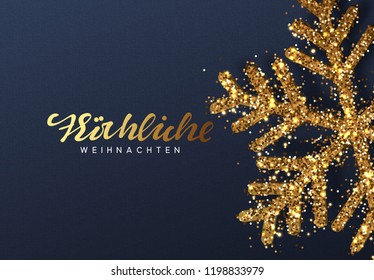 German text Frohliche Weihnachten. Christmas background with Shining gold Snowflakes.  