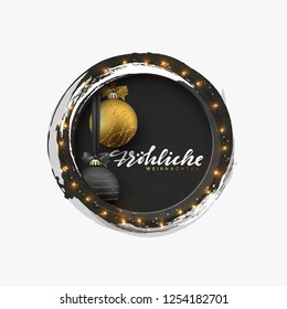 German text Frohliche Weihnachten. Christmas greeting illustration. Round hole, black abstract frame, with bright light golden garlands, and xmas ornaments balls.